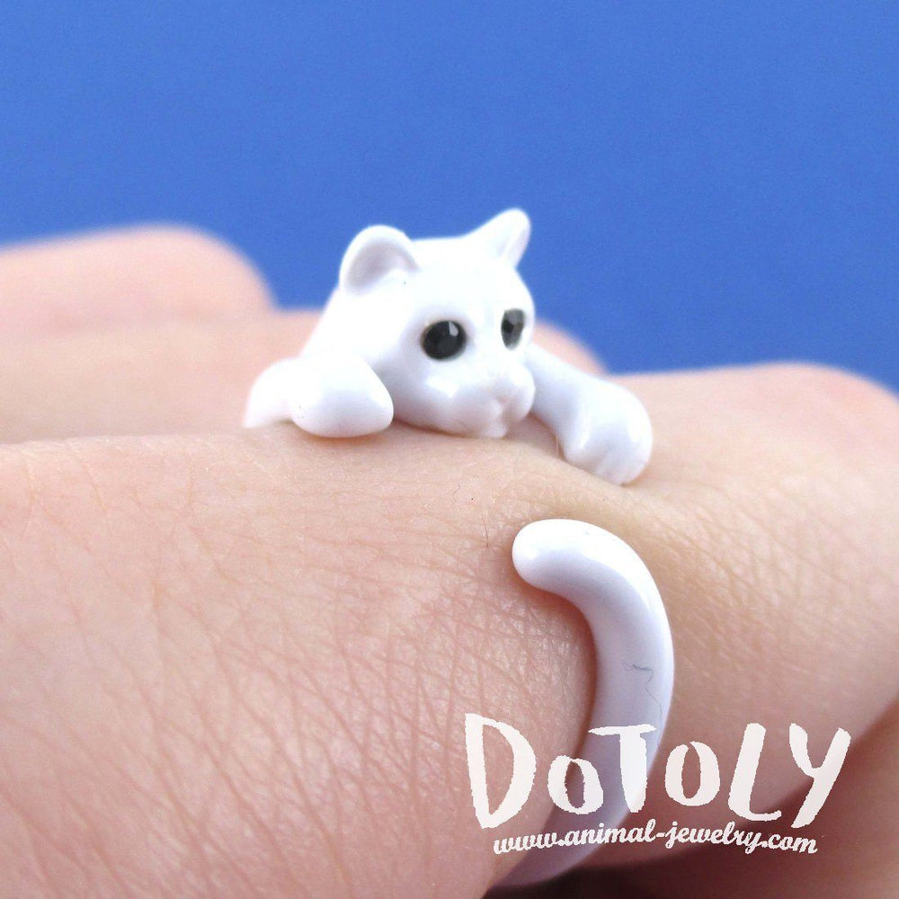 3D White Kitty Cat Wrapped Around Your Finger Shaped Animal Ring