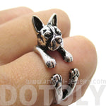 Realistic Boston Terrier Puppy Shaped Animal Wrap Ring in Shiny Silver | US Sizes 5 to 9 | DOTOLY