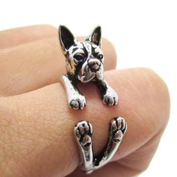 Realistic Boston Terrier Puppy Shaped Animal Wrap Ring in Shiny Silver | US Sizes 5 to 9 | DOTOLY