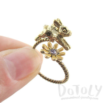 Leaping Bunny Rabbit and Flower Wrap Around Adjustable Ring in Gold | DOTOLY