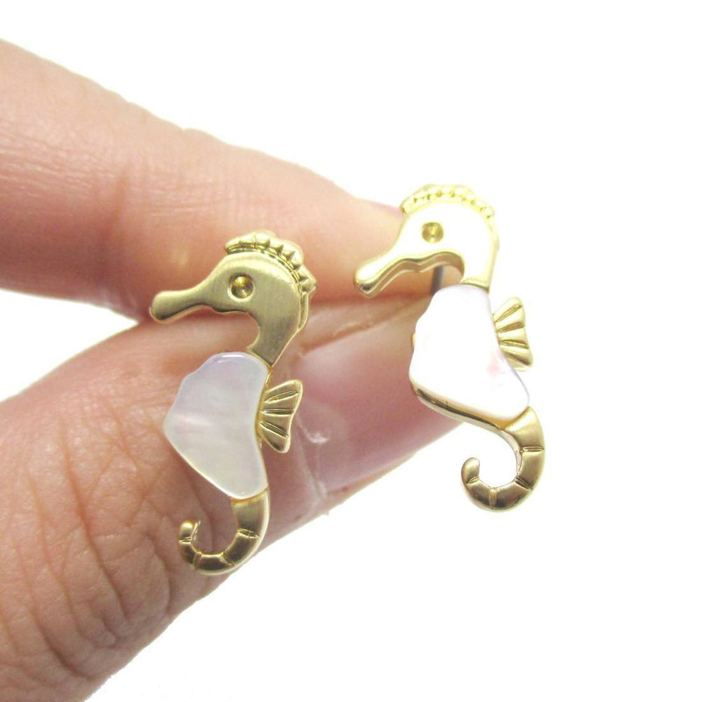 Seahorse Shaped Animal Themed Stud Earrings in Gold with Pearl Detail | DOTOLY | DOTOLY