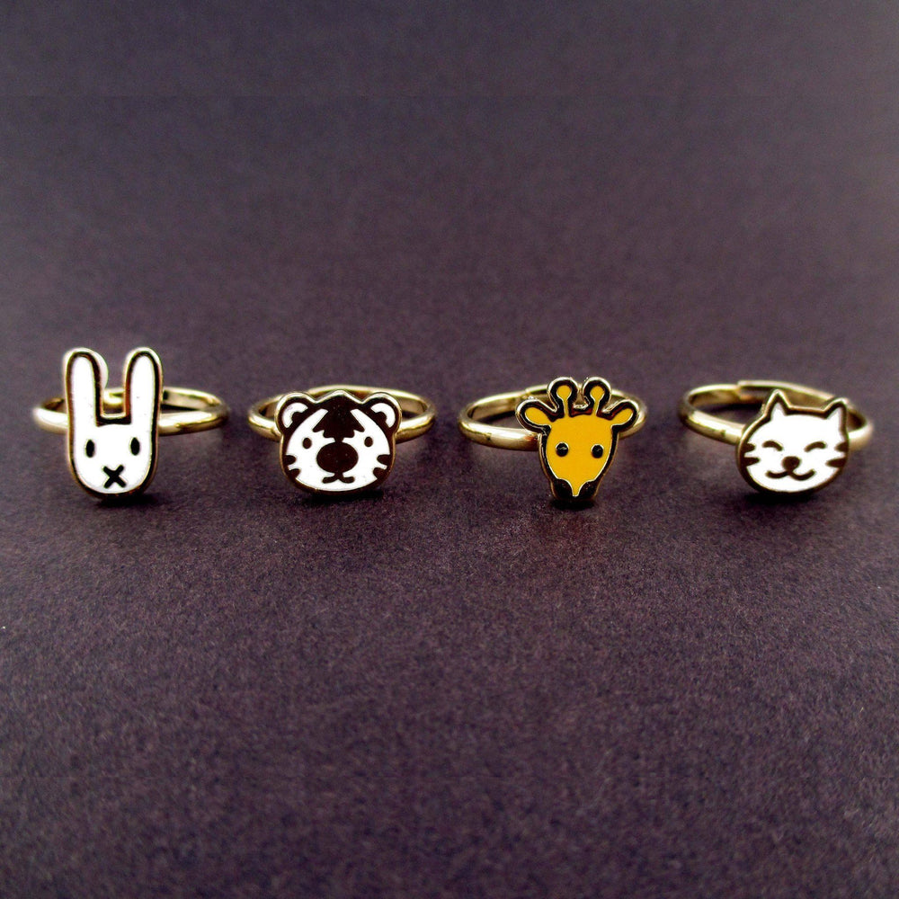 Cute Bunny Tiger Giraffe Cat Shaped 4 Piece Adjustable Animal Ring Set