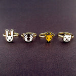 Cute Bunny Tiger Giraffe Cat Shaped 4 Piece Adjustable Animal Ring Set