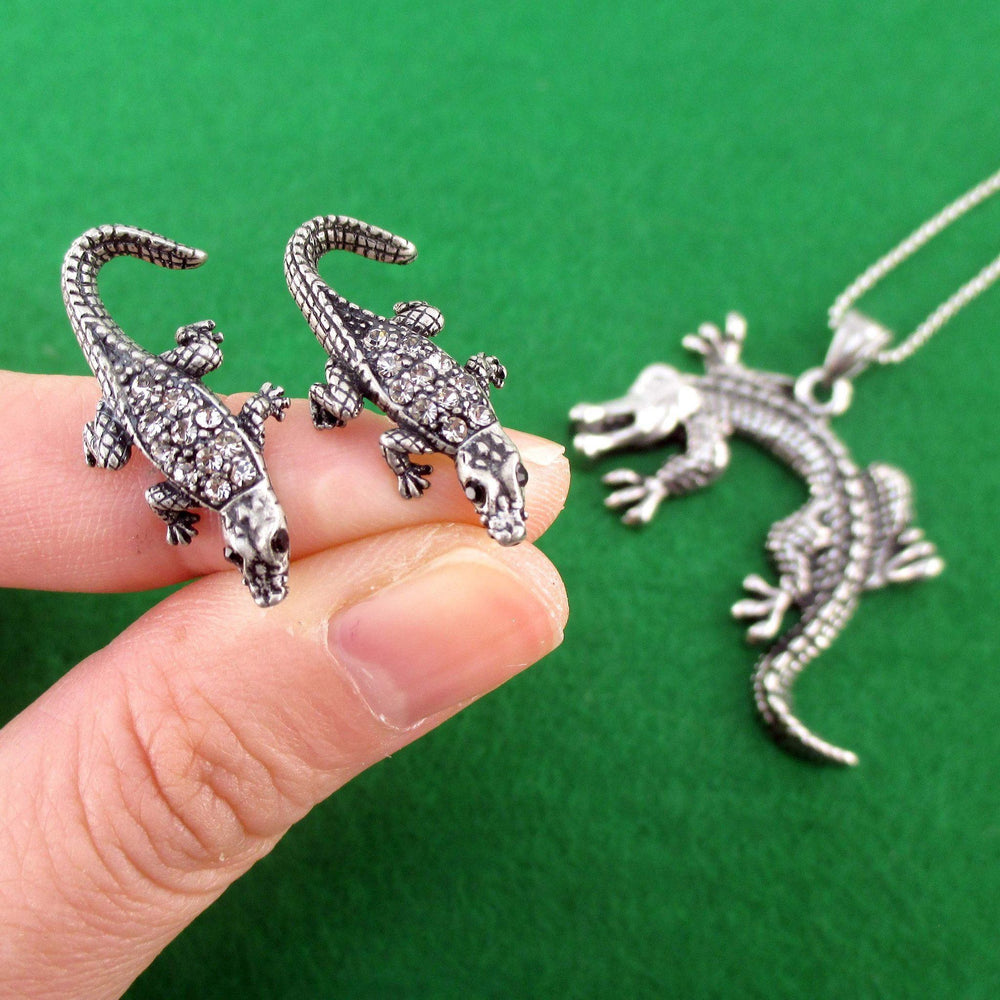 Crocodile Alligator Themed Necklace and Stud Earring Set in Silver | DOTOLY