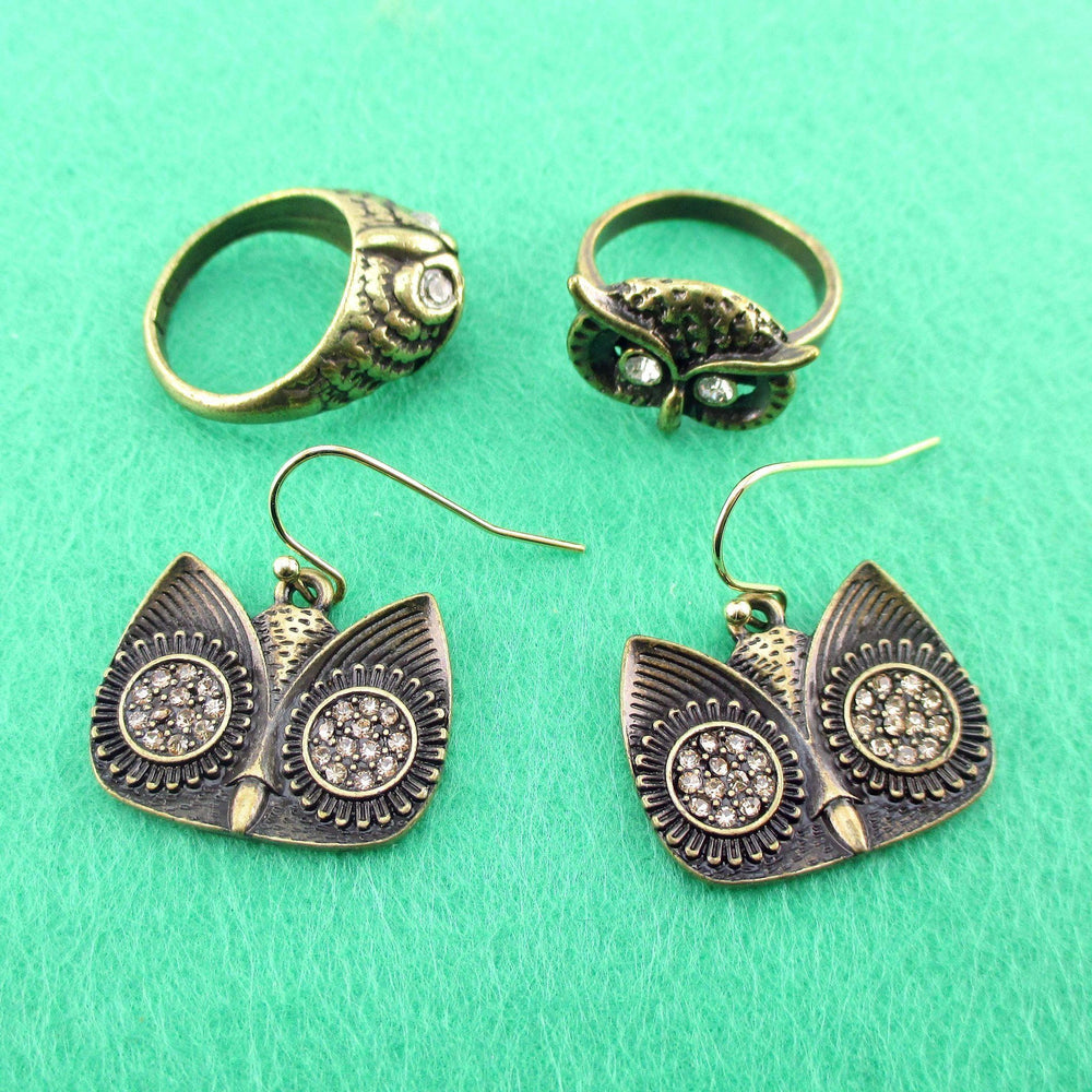 Owl Inspired Animal Rings and Dangle Earring 3 Piece Set in Brass