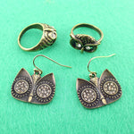 Owl Inspired Animal Rings and Dangle Earring 3 Piece Set in Brass