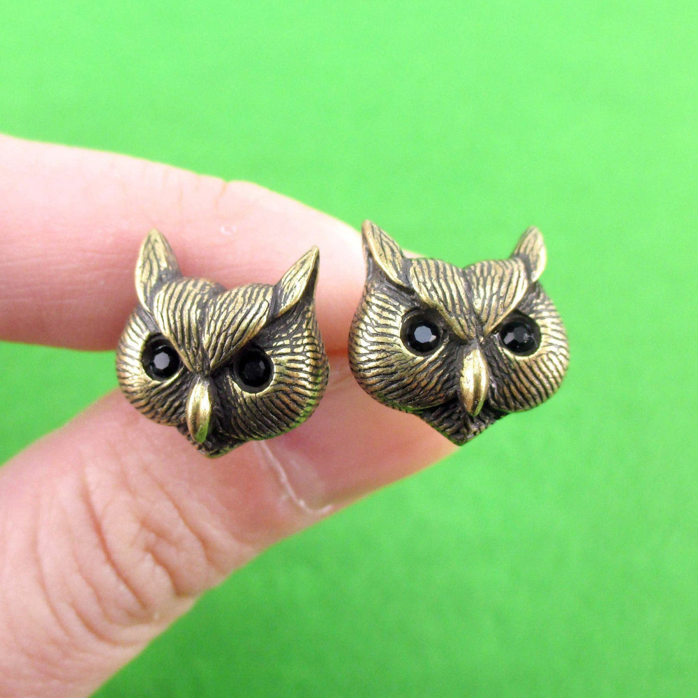 Owl Inspired Animal Ring and Stud Earring 3 Piece Set in Brass