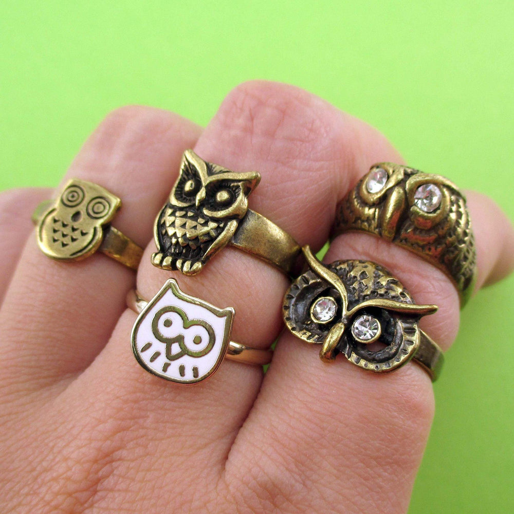 owl-themed-5-piece-animal-ring-set-in-brass