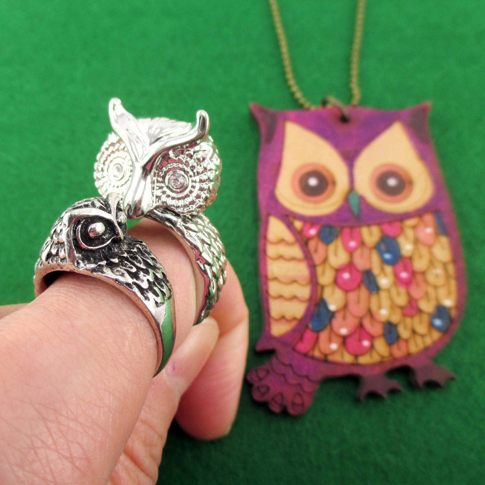 Owl Shaped Rings and Hand Drawn Owl Necklace 3 Piece Set | Size 9