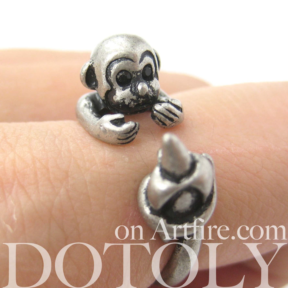 Monkey Animal Wrap Ring with Banana in Silver - Sizes 4 to 9 Available | DOTOLY