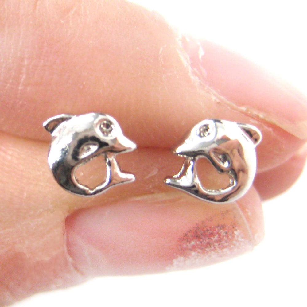 Small Dolphin Fish Sea Animal Stud Earrings in Silver | DOTOLY | DOTOLY