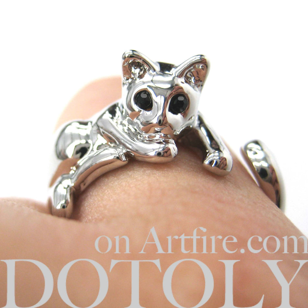 Relaxing Kitty Cat Animal Wrap Around Ring in Shiny Silver - Sizes 4 to 9 Available | DOTOLY