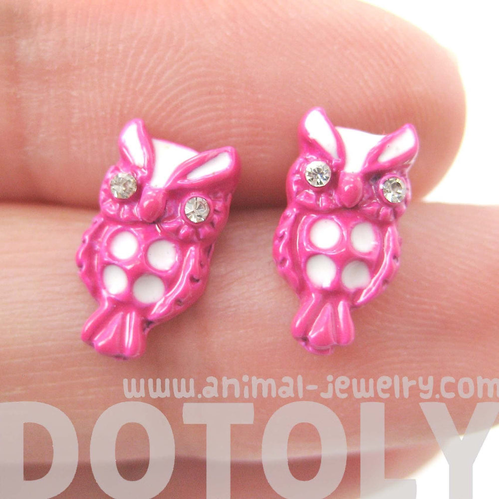 Owl Bird Shaped Stud Earrings in Pink and White | Animal Jewelry | DOTOLY