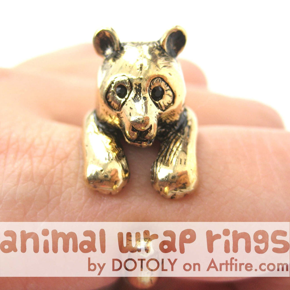 Large Panda Bear Animal Wrap Around Hug Ring in Shiny Gold - Size 4 to 9 Available | DOTOLY