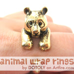 Large Panda Bear Animal Wrap Around Hug Ring in Shiny Gold - Size 4 to 9 Available | DOTOLY