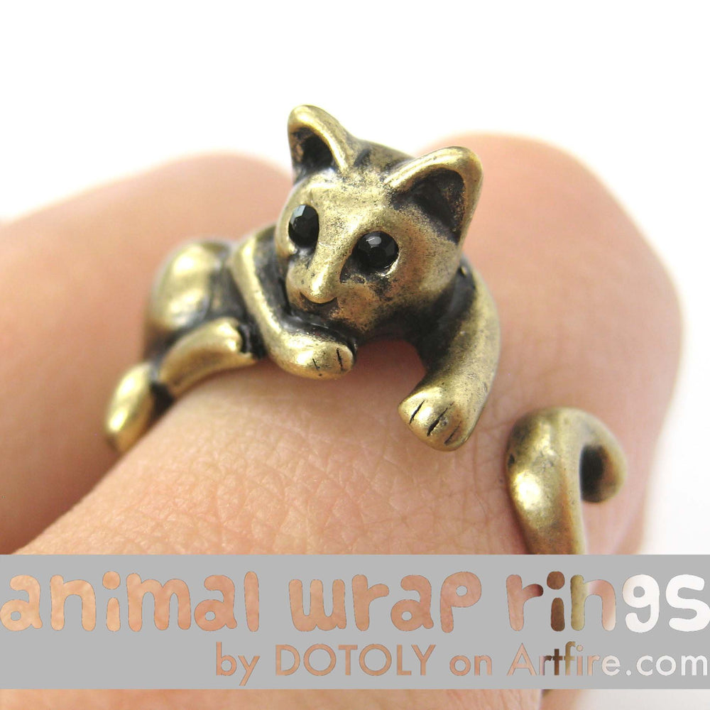 Kitty Cat Relaxing Animal Wrap Around Ring in Brass - Sizes 4 to 9 Available | DOTOLY