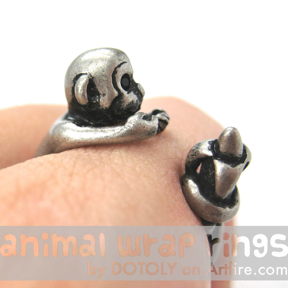 Monkey Animal Wrap Ring with Banana in Silver - Sizes 4 to 9 Available | DOTOLY