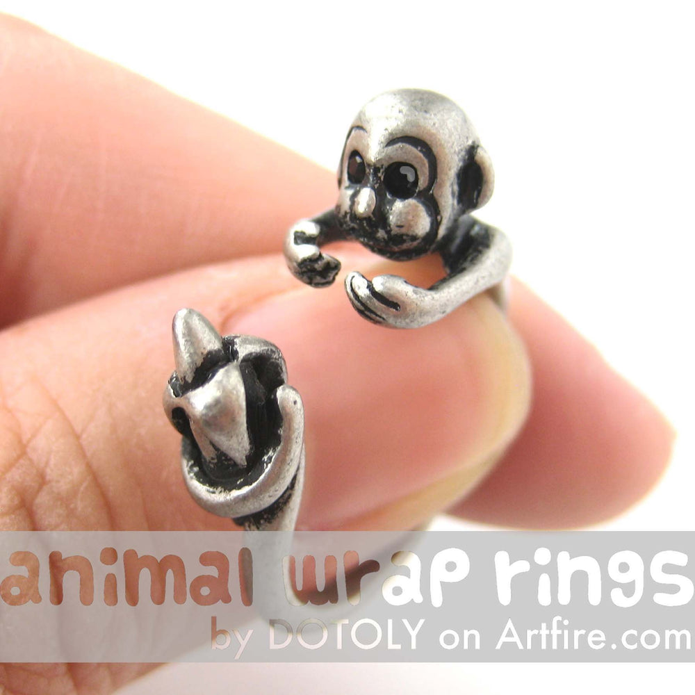 Monkey Animal Wrap Ring with Banana in Silver - Sizes 4 to 9 Available | DOTOLY