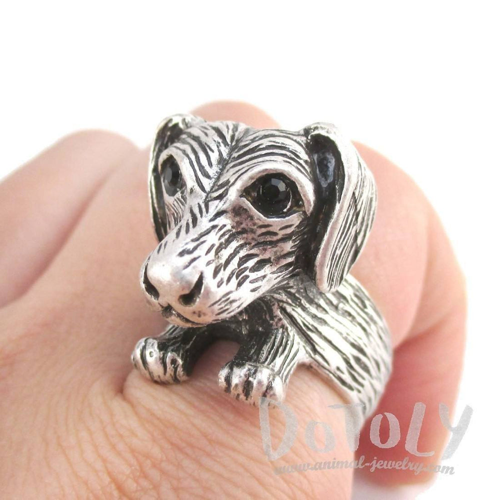 3D Dachshund Dog Shaped Animal Ring in Silver for Dog Lovers | DOTOLY