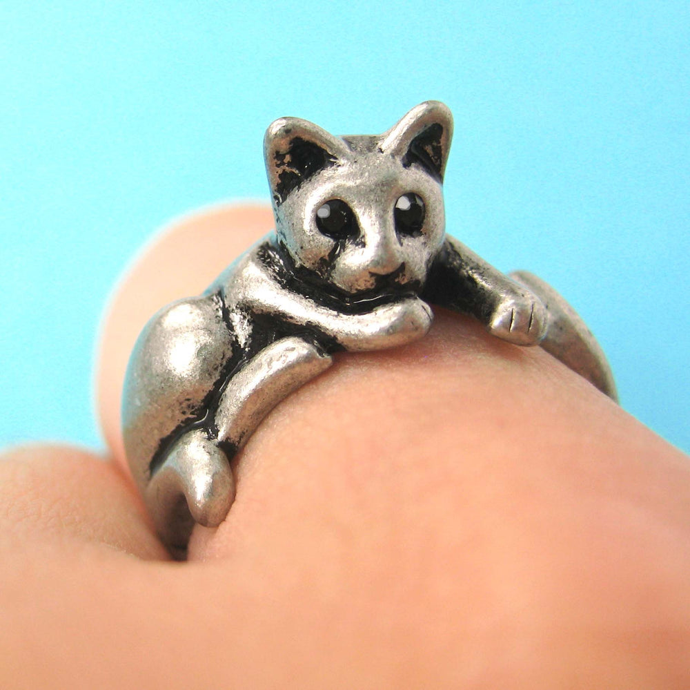 Relaxing Kitty Cat Animal Wrap Around Ring in Silver - Sizes 4 to 9 Available | DOTOLY