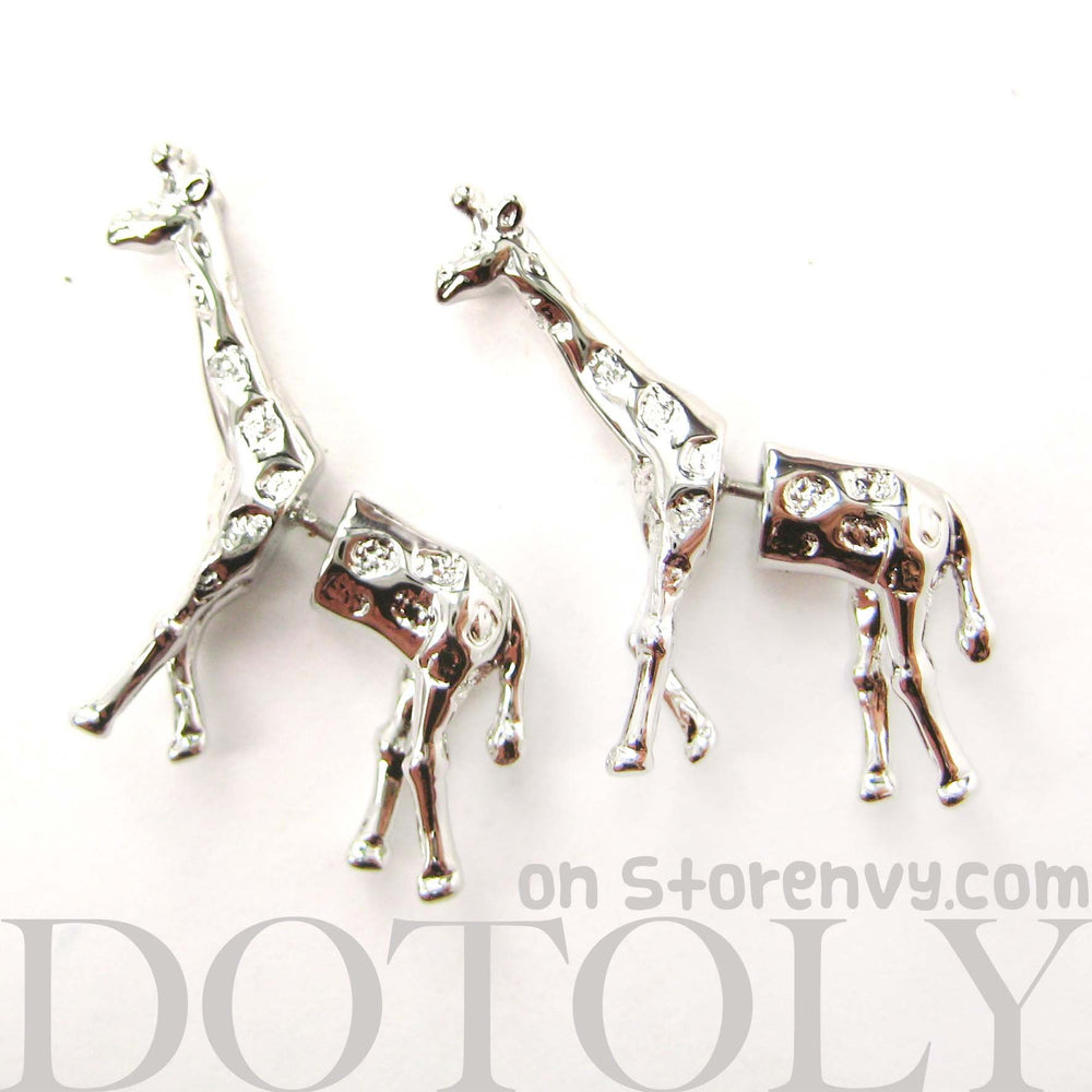 Fake Gauge Earrings: Realistic Giraffe Shaped Animal Faux Plug Stud Earrings in Shiny Silver | DOTOLY