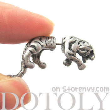 Fake Gauge Earrings: Realistic Tiger Cat Shaped Plug Earrings in Silver | DOTOLY