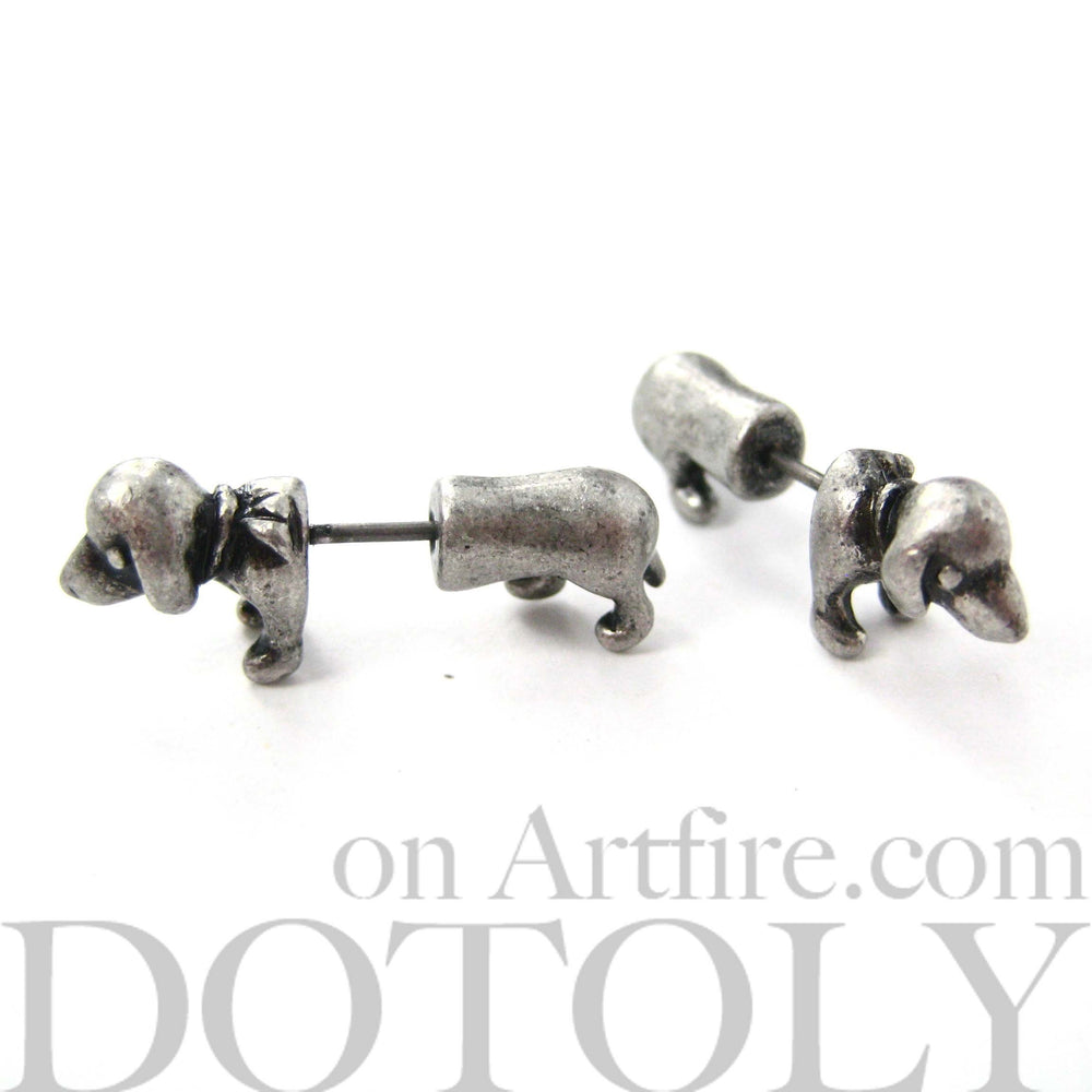 Fake Gauge Earrings: Realistic Dachshund Puppy Dog Animal Stud Earrings in Silver | DOTOLY