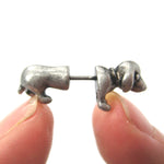 Fake Gauge Earrings: Realistic Dachshund Puppy Dog Animal Stud Earrings in Silver | DOTOLY