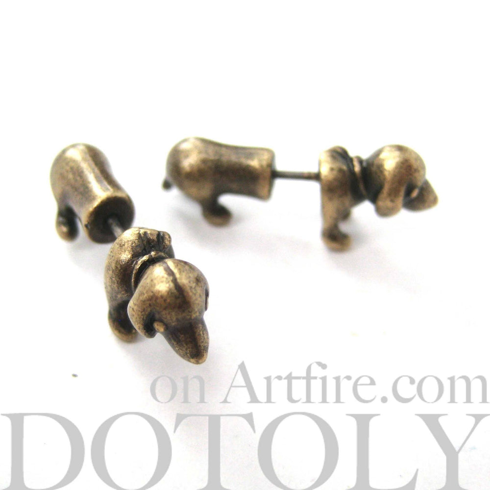 Fake Gauge Earrings: Realistic Dachshunds Puppy Dog Animal Stud Earrings in Brass | DOTOLY