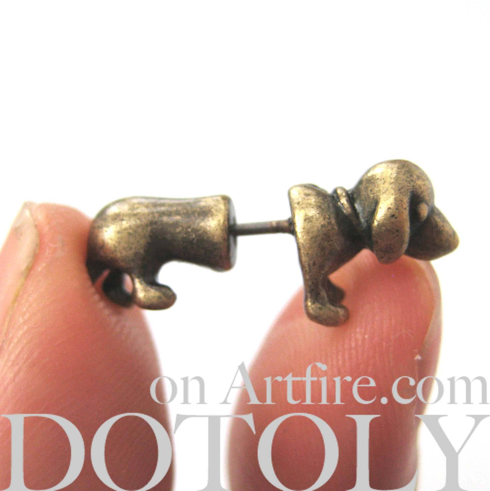 Fake Gauge Earrings: Realistic Dachshunds Puppy Dog Animal Stud Earrings in Brass | DOTOLY