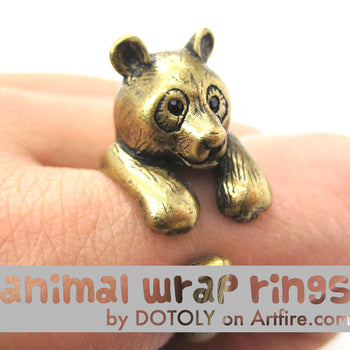 Large Panda Bear Animal Wrap Around Hug Ring in Brass - Size 4 to 9 Available | DOTOLY