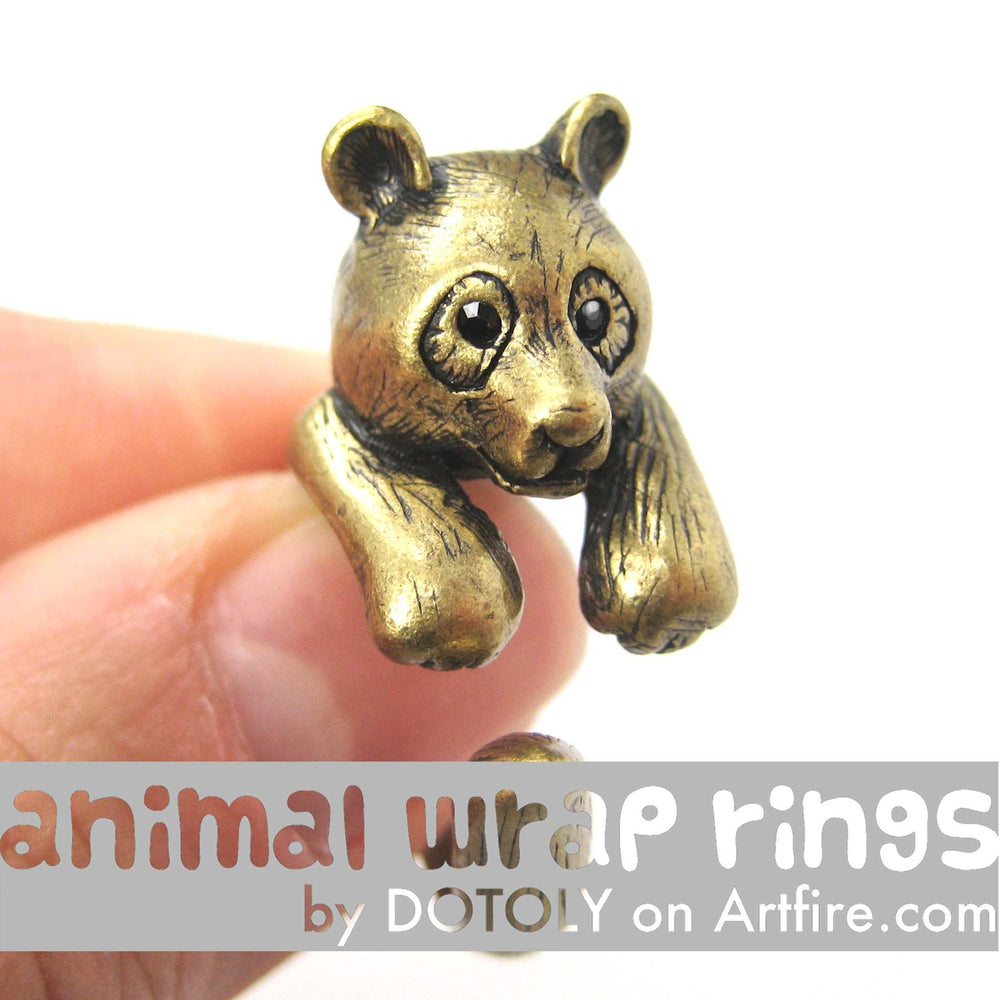 Large Panda Bear Animal Wrap Around Hug Ring in Brass - Size 4 to 9 Available | DOTOLY