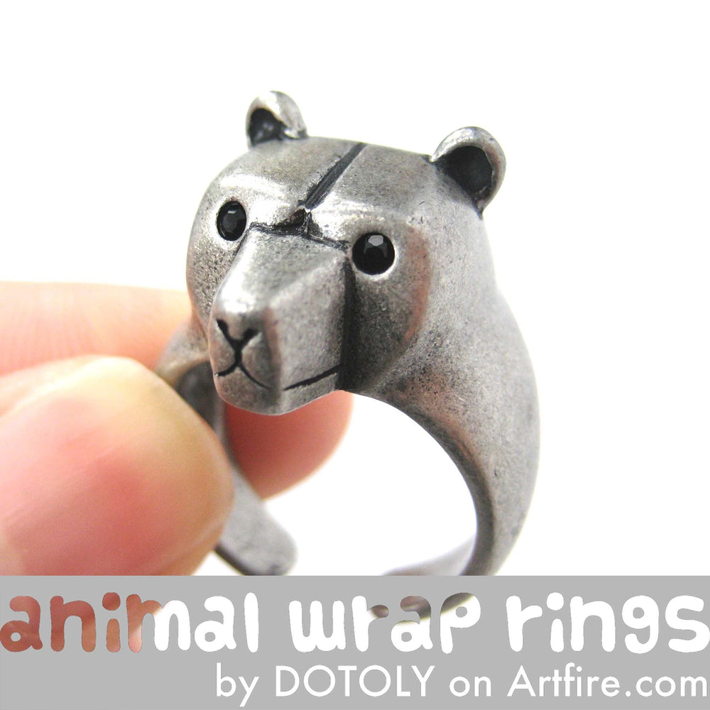 3D Adjustable Polar Bear Animal Wrap Around Hug Ring in Silver | Animal Jewelry | DOTOLY