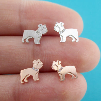 English Bulldog Shaped Stud Earrings with Rhinestones for Dog Lovers