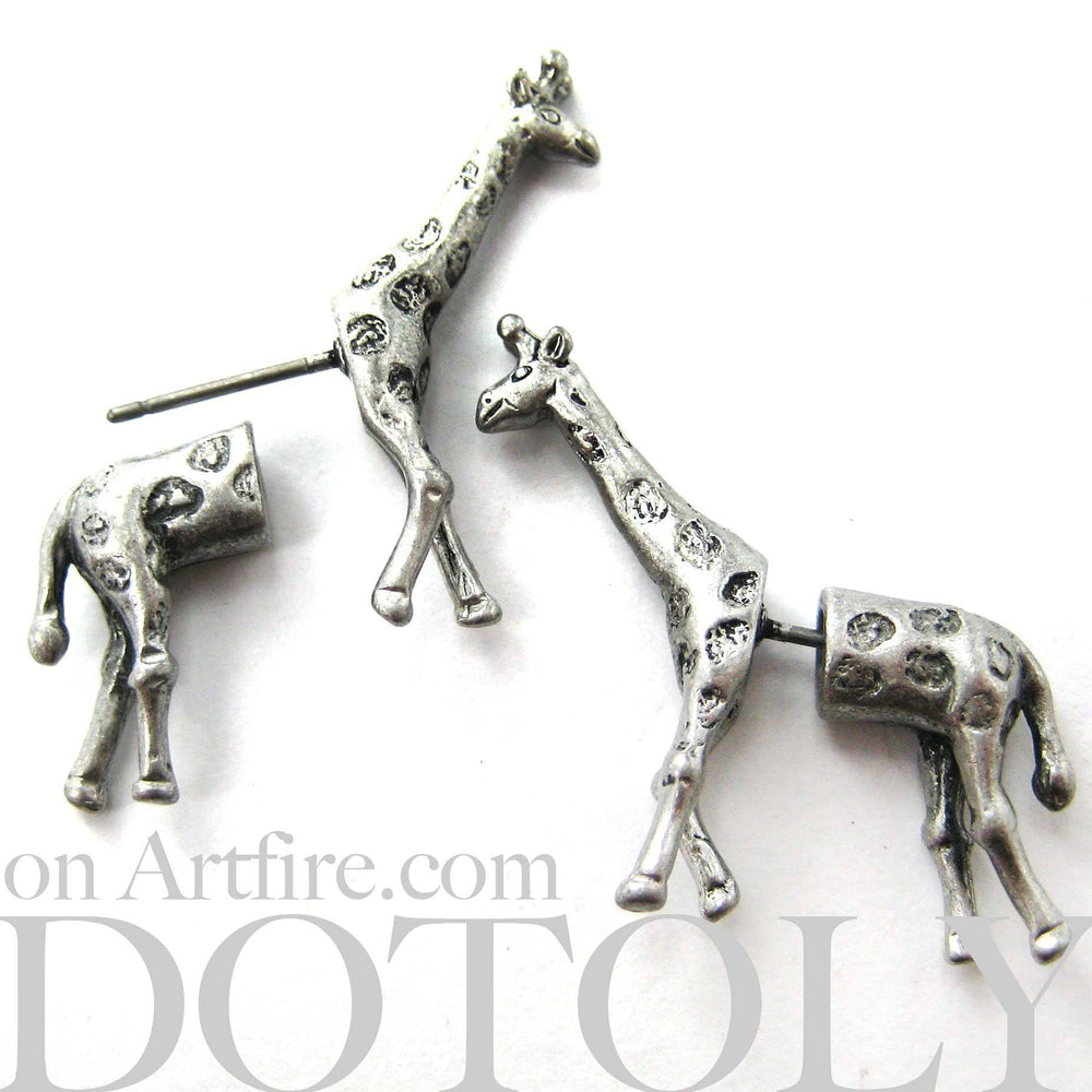Fake Gauge Earrings: Realistic Giraffe Shaped Animal Faux Plug Stud Earrings in Silver | DOTOLY