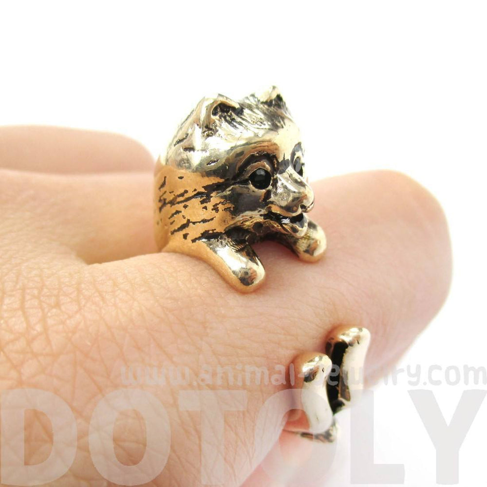 Realistic Pomeranian Pom Puppy Dog Shaped Animal Wrap Around Ring in Shiny Gold | US Sizes 4 to 8.5 | DOTOLY
