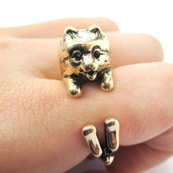 Realistic Pomeranian Pom Puppy Dog Shaped Animal Wrap Around Ring in Shiny Gold | US Sizes 4 to 8.5 | DOTOLY