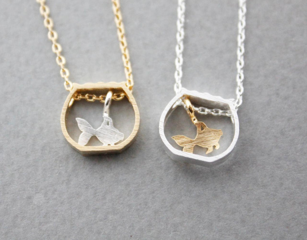 Tiny Goldfish in a Fish Bowl Shaped Pendant Necklace in Silver or Gold