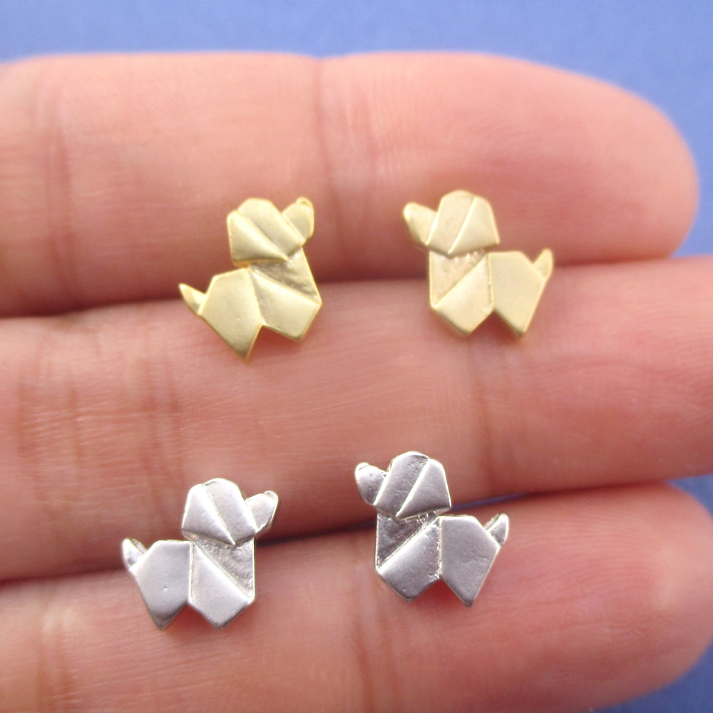 Abstract Newfoundland Puppy Dog Shaped Stud Earrings in Silver or Gold