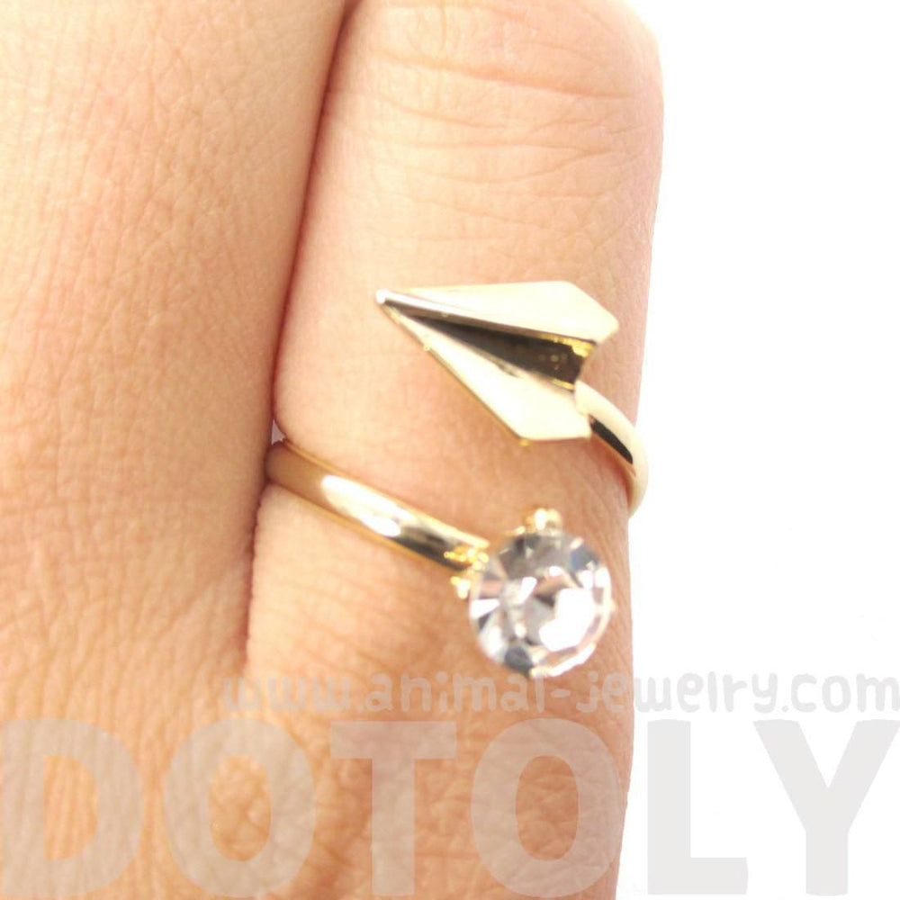 Adjustable Origami Paper Airplane Wrap Ring in Gold with Rhinestone Detail | DOTOLY