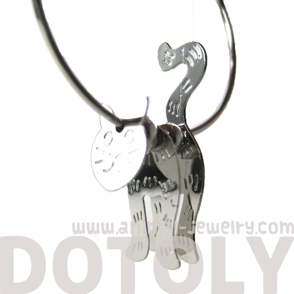 Adorable 3D Kitty Cat Shaped Dangle Hoop Earrings in Silver | Animal Jewelry | DOTOLY