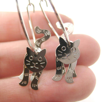 Adorable 3D Kitty Cat Shaped Dangle Hoop Earrings in Silver | Animal Jewelry | DOTOLY