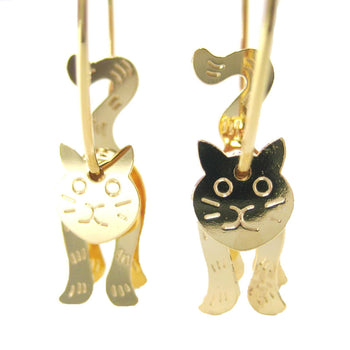 Adorable 3D Kitty Cat Shaped Dangle Hoop Earrings in Gold | Animal Jewelry | DOTOLY