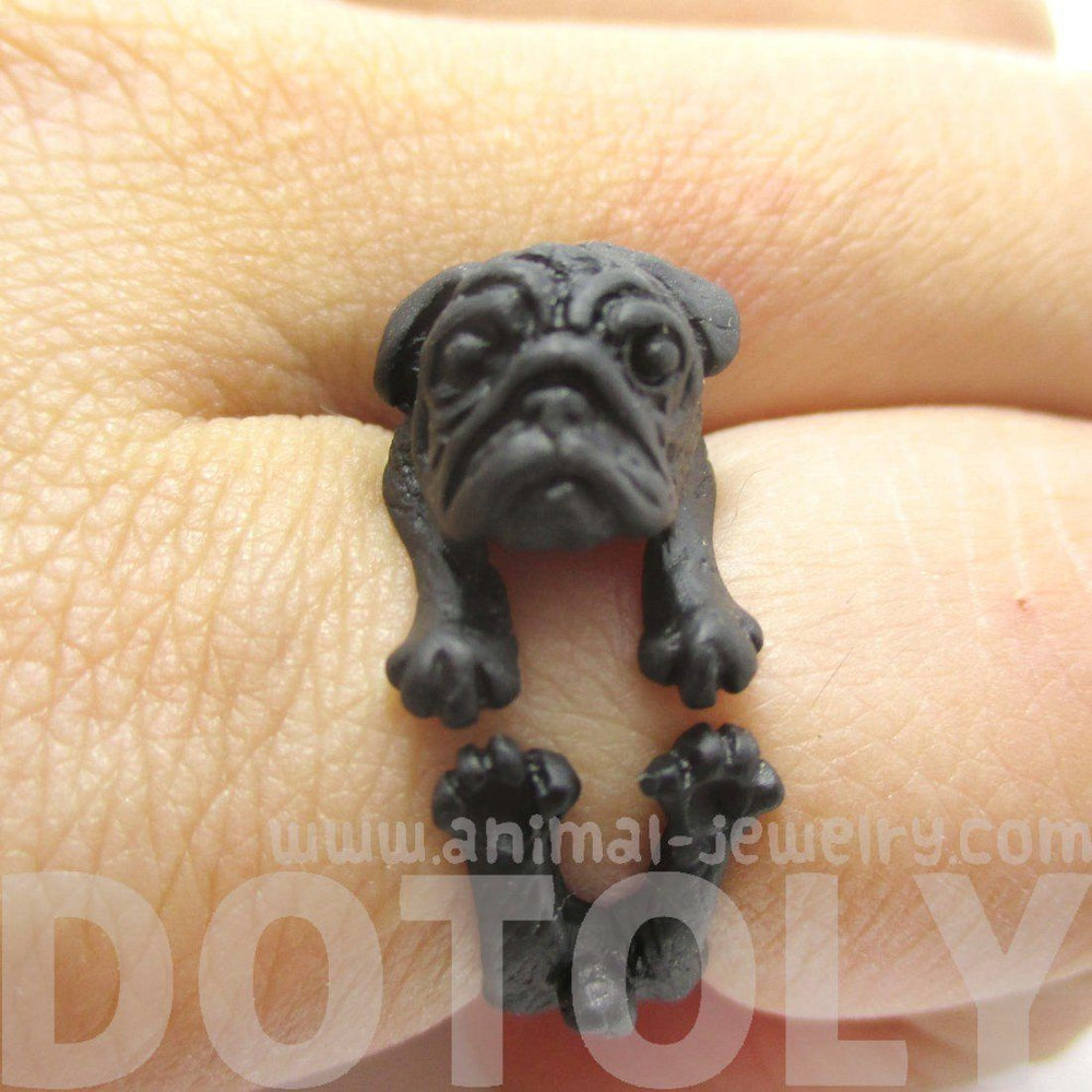 Adorable Black Pug Puppy Dog Shaped Animal Wrap Around Ring | Sizes 6 to 9 | DOTOLY