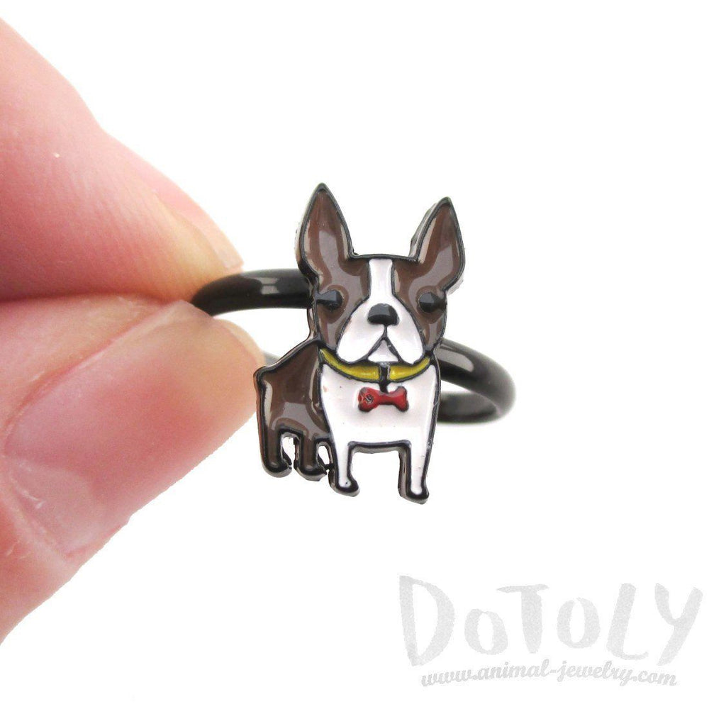 Adorable Boston Terrier Puppy Shaped Adjustable Ring in Brown and white | DOTOLY | DOTOLY