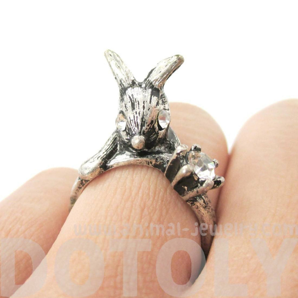 Adorable Bunny Rabbit Shaped Animal Inspired Ring in Silver with Rhinestones | US Size 6 | DOTOLY