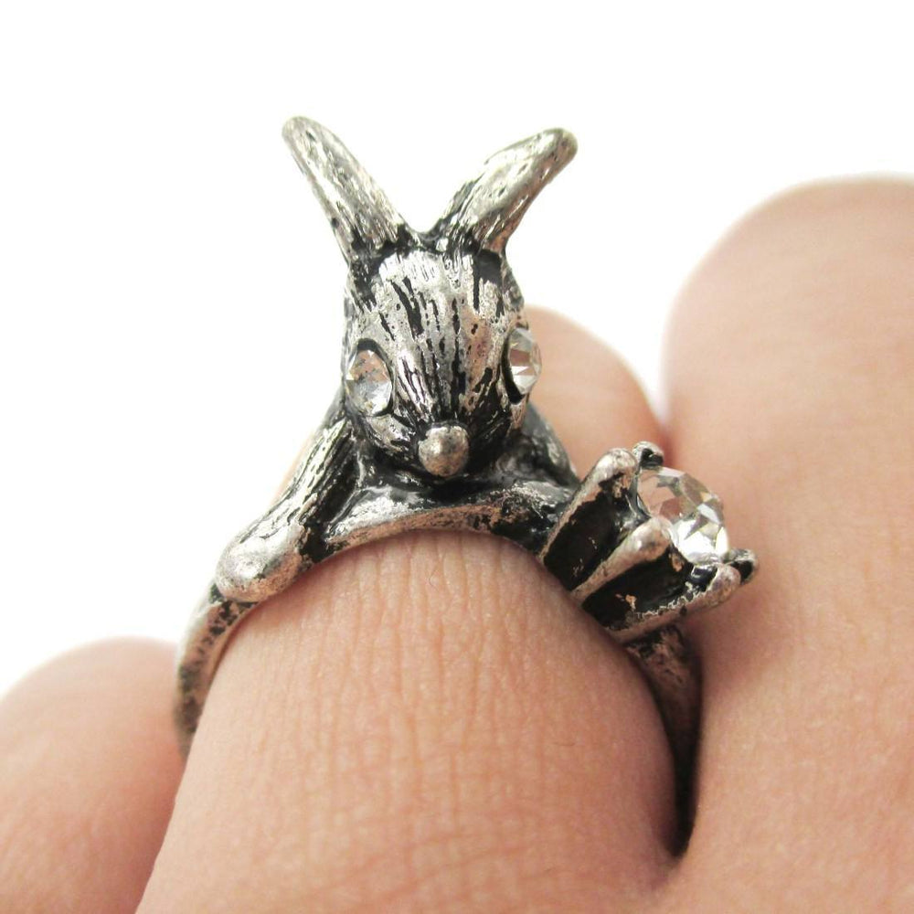 Adorable Bunny Rabbit Shaped Animal Inspired Ring in Silver with Rhinestones | US Size 6 | DOTOLY