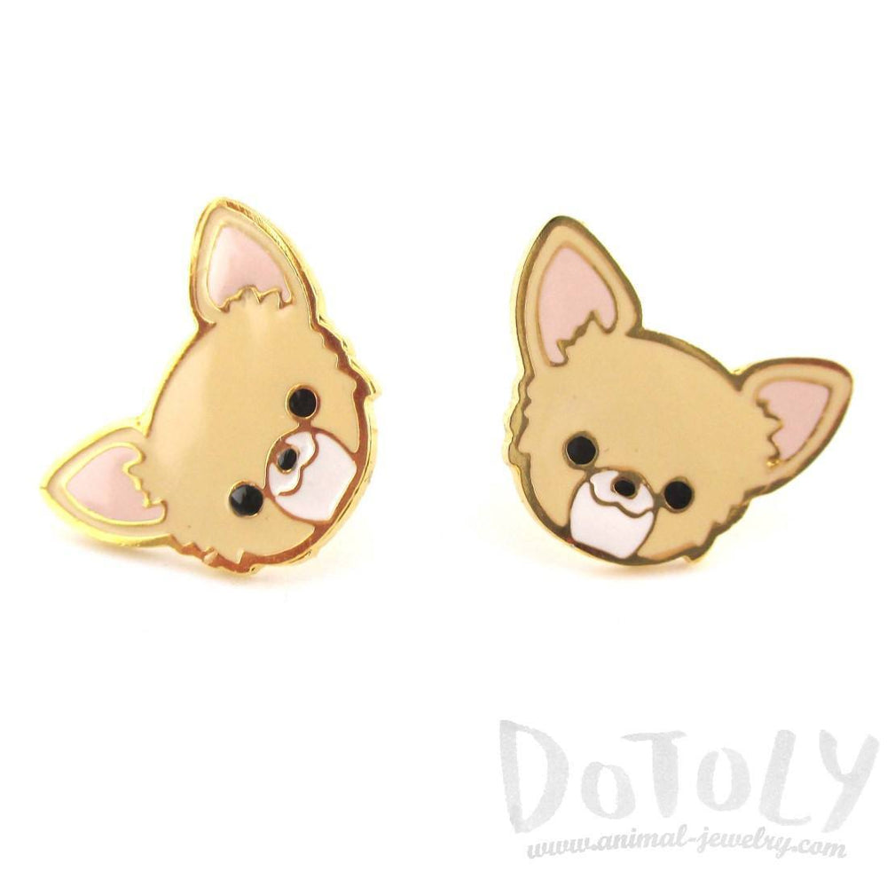 Adorable Chihuahua Puppy Dog Face Shaped Stud Earrings in Tan | Limited Edition | DOTOLY
