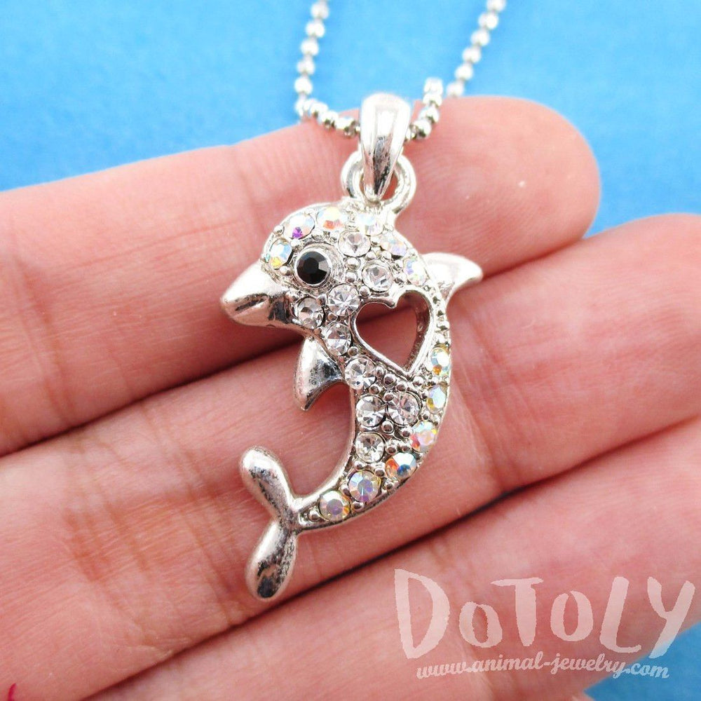 Adorable Dolphin Shaped Rhinestone Pendant With Heart Cut Out Necklace | DOTOLY
