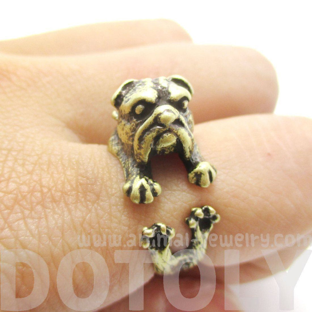 Adorable English Bulldog Puppy Dog Animal Wrap Around Ring in Brass | Sizes 6 to 9 | DOTOLY